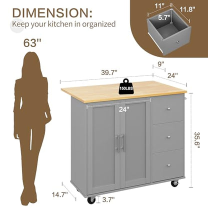 SUNLEI Kitchen Island on Wheels with Storage Cabinet & Foldable Drop Leaf, Rolling Kitchen Table, Cart Handle for Towel Rack, Drop Leaf, Portable Islands for Kitchen (Cement Gray, 39.7-INCH) - size: 39.7 INCH, style: Grey