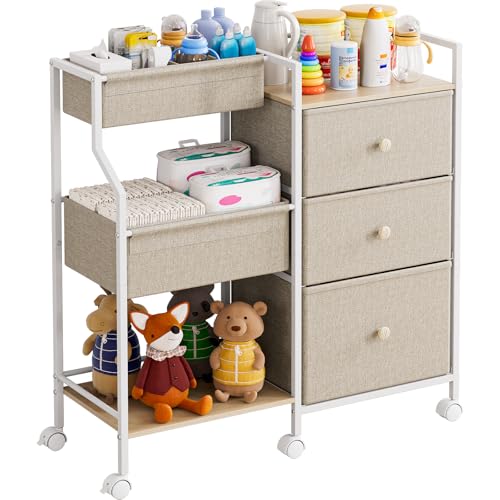 Modanais Baby Organizer and Storage - 3 Tier Rolling Cart with Dividers and Drawers, Easy To Assemble, Mobile Utility Cart with Wheels for Nursery, Bedroom, Changing Table & Crib,Off White | Detachable Dividers, 3 Tier Rolling Cart, Mobile Utility Cart wi
