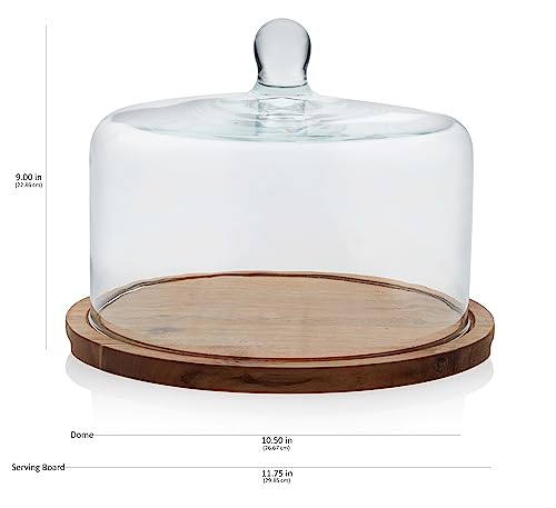 Libbey Acacia Wood Cake Stand with Lid, Ball Top Handle Cake Holder with Lid, Covered Pastry Holder, Durable Glass Dome Cover - color: Flat Round