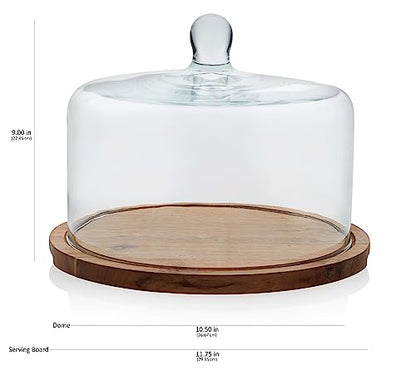 Libbey Acacia Wood Cake Stand with Lid, Ball Top Handle Cake Holder with Lid, Covered Pastry Holder, Durable Glass Dome Cover - color: Flat Round