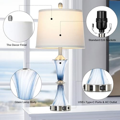 Rinweey Blue Glass Table Lamp Set of 2 with USB C+A Ports & AC Outlet, Bedside Lamp, Modern Bedroom Lamps, Coastal Lamp for Night Stands Bedroom Living Room,Nightstand Lamp LED Bulbs Included - color: Blue