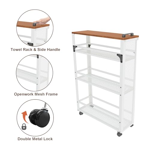 2026 New, Slim Kitchen Storage Cart, 3 Tier Metal Rolling Utility Cart Mesh Basket, Multifunction Wire Basket Shelf Trolley for Home Laundry, Bathroom, Living Room, White - color: White