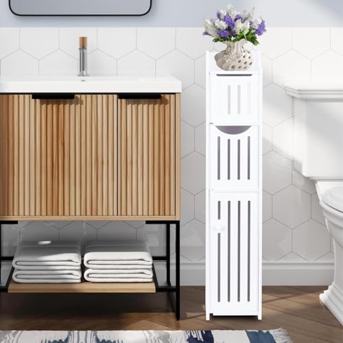 ShellKingdom Toilet Paper Holder Stand, Bathroom Storage Cabinet with Doors | Slim Storage Cabinet for Bathroom Small Spaces Corner Shelf Organizer - White - size: 30.7 x 6 x 6 inch