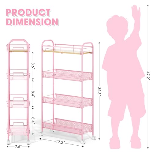 TOOLF 4-Tier Slim Rolling Cart, Metal Storage Cart with Wooden Tabletop and Mesh Baskets for Narrow Space on Kitchen Bathroom Laundry Room Bedroom Apartments Dormitory - size: Slim, style: Pink