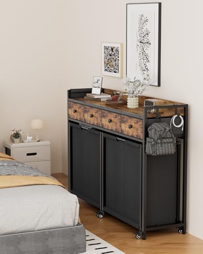 4 Section Rolling Laundry Sorter, Fabric Drawers & Pull-Out Car | Durable, Strudy, Shelf Laundry Hamper, Brake Two Wheels, Bottom Added Panel, Easy to Move, Laundry Room - size: 4 Section with Drawers (206L)