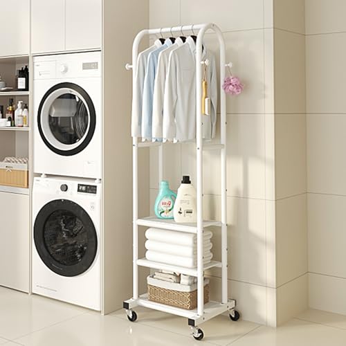Dttwacoyh Clothing Rack with Wheels,Narrow Metal Garment Rack,White | Easy to install, 71.8 Inches Display Rack with 4 Side Hooks & 3 Shelves,for Small Flats, Bedroom, Entryway,White Clothes Rack - color: White