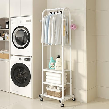 Dttwacoyh Clothing Rack with Wheels,Narrow Metal Garment Rack,White | Easy to install, 71.8 Inches Display Rack with 4 Side Hooks & 3 Shelves,for Small Flats, Bedroom, Entryway,White Clothes Rack - color: White