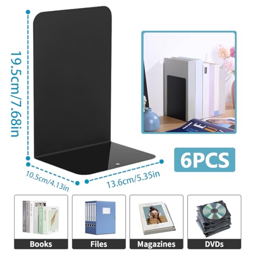 6 Black Heavy Duty Metal Bookends,Invisible Decorative Unique Book Ends,Book Stopper Dividers for Shelves,DeskFile Cabinet, Library,Office,Book Holder for Heavy Books,Bookshelf Organizer,Porta Libros