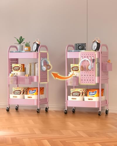 ALVOROG 3 Tier Rolling Cart with DIY Pegboards Metal Utility Cart with Wheels Handles Baskets Hooks, Craft Cart for Office Kitchen Bathroom(Cherry Blossom Pink) - color: Cherry Blossom Pink