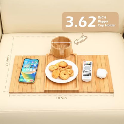 GHKINMAL Couch Cup Holder Tray, 3 in 1 Couch Arm Trays,Large Bamboo Chair Arm Rest Tray with 360° Cup Holder,Removable Anti-Slip Organizer for Snack Eating - color: Bamboo