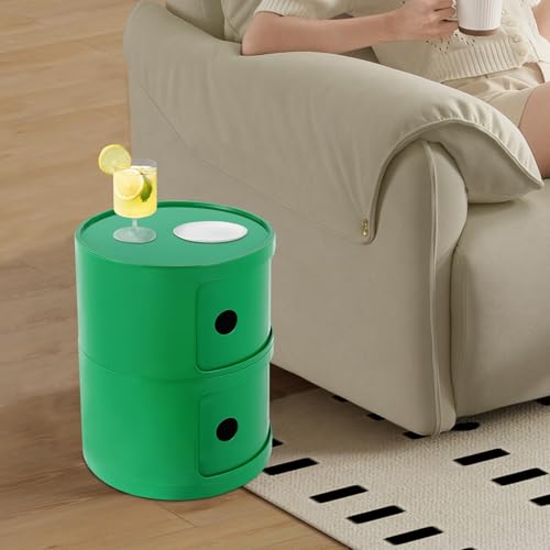 2 Tier Circular Nightstand, Circular Side Table with Storage, Round Cabinet End Table, Sliding Door Design, 88Lbs Load Capacity, Bedroom Living Room Organizer, Modern Green ABS Material, 12.5x15.7 in