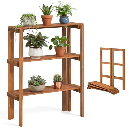 Giantex Foldable Plant Shelf, 3-Tier Solid Wood Indoor Outdoor Flower Pot Display Rack, Corner Storage Bookshelf, Freestanding Tiered Plant Stand for Garden Patio Balcony, No Assembly - size: 3-Tier