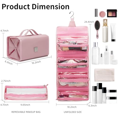 Roll Up Makeup Bag, Travel Toiletry Bag for Women with 4 Clear TSA Approved Pouches, Hanging Travel Organizer, Folding Cosmetic Bag for Men and Women - color: pink