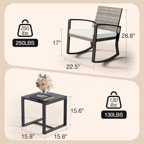 Qsun 3 Pieces Outdoor Patio Furniture Set Rocking Bistro Set, Outdoor Patio Furniture Set with Coffee Table for Garden Balcony Backyard Poolside (Light Grey Cushion) - color: Light Grey