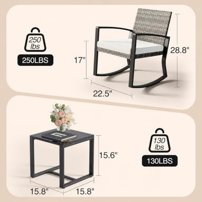 Qsun 3 Pieces Outdoor Patio Furniture Set Rocking Bistro Set, Outdoor Patio Furniture Set with Coffee Table for Garden Balcony Backyard Poolside (Light Grey Cushion) - color: Light Grey