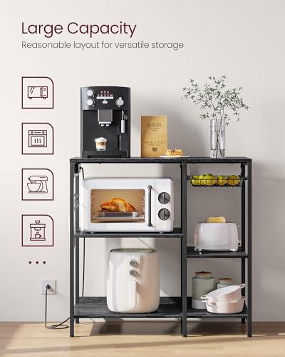 VASAGLE Baker's Rack, Coffee Bar Stand with Charging Station, 35.6 Inches Tall, Storage Shelves, Pull-Out Wire Basket, Table for Microwave, Kitchen, Charcoal Gray and Ink Black UKKS036B22 - color: Charcoal Gray + Ink Black, style: With Power Outlet