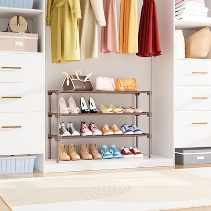34" Widening Design Shoe Rack for Closet 16 Pairs Small Spaces Non-Woven 3 Tier Shoe Organizer Stackable Metal Shoe Shelf for Entryway, Bedroom Brown - color: Brown