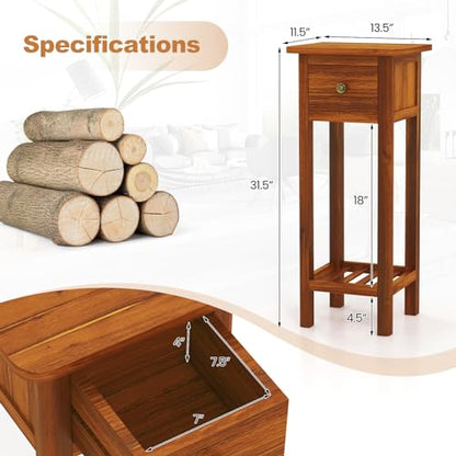 Tangkula 2-Tier Narrow Side Table with Drawer, Acacia Wood Tall End Table for Small Spaces, Farmhouse Slim Bedside Table with Open Shelf, Nightstand for Living Room, Bedroom, No Assembly (2, Natural) - color: Natural