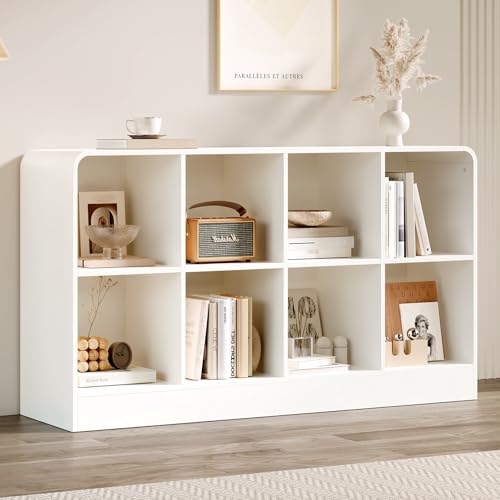 EXPERLAM White 8 Cube Storage Organizer with Rounded Edges and Reinforced Base, Low Horizontal Cube Bookshelf, Wooden Cube Shelf Bookcase for Living Room, Kids Room, Bedroom, TV Stand - size: with base