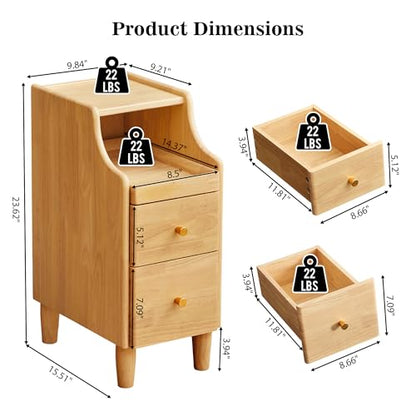 Solid Wood Narrow Nightstand, Slim Bedside Table with 2 Drawers & Slide-Out Tray, Mid-Century Modern End Table Side Table for Bedroom, Living Room, Small Spaces (Natural) - color: Natural