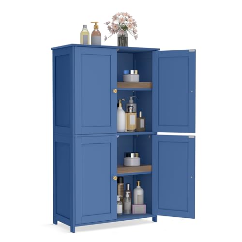 VASAGLE Floor Storage Cabinet, Shaker Cabinet with 2 Adjustable Shelves, 4 Doors, Tall Freestanding Organizer Unit, for Kitchen Bathroom Living Room, Bijou Blue UBBC553QE01S - color: Bijou Blue, size: 4 Doors（42.7"）