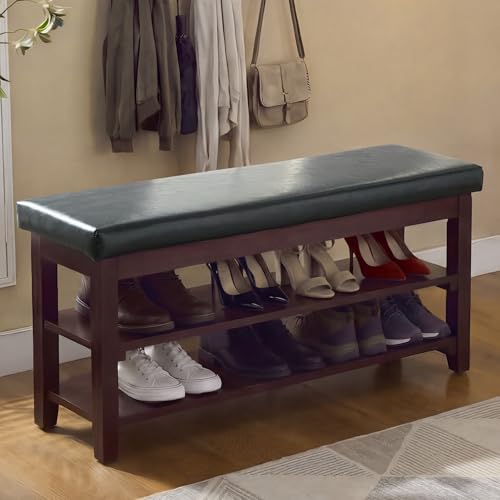 40" Faux Leather Shoe Storage Bench Entryway, Upholstered Bench with Leather Cushion, Solid Wooden 2 Tier Rack Shoe Organizer for Entry Way, Bedroom, Living Room, Black - color: Black