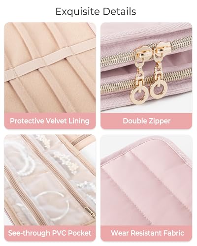 Marscamd Travel Jewelry Case Organizer, Foldable Jewelry Bag, Pink | with Zipper Jewelry Bag for Earrings, Rings, Necklaces, Bracelets, Brooches - color: Pink