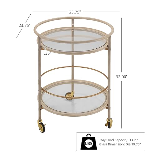 GDFStudio Round Bar Cart with Dual Tempered Glass Shelves, Gold Metal Accents and Lockable Wheels, Distressed White Finish Modern Beverage Trolley for Living Room, Dining Room or Kitchen - color: Ancient White