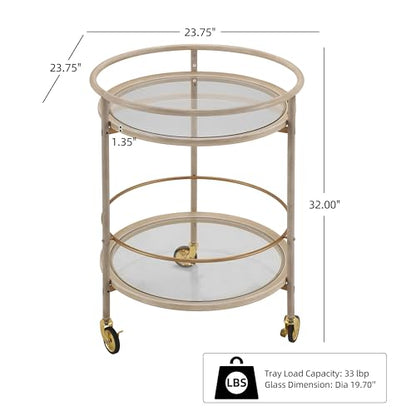 GDFStudio Round Bar Cart with Dual Tempered Glass Shelves, Gold Metal Accents and Lockable Wheels, Distressed White Finish Modern Beverage Trolley for Living Room, Dining Room or Kitchen - color: Ancient White