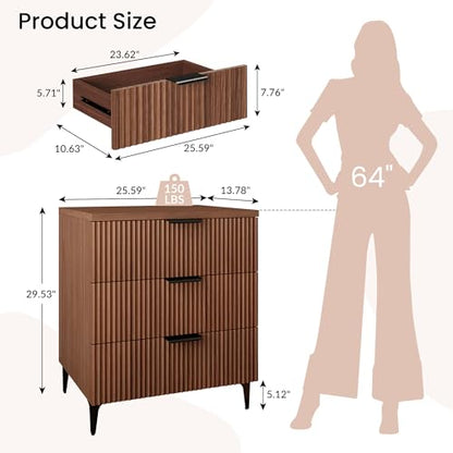 25.6" W Fluted Nightstand with 3 Drawer, Mid-Century Modern Night Stands | Bedside Table for Bedroom King/Queen Bed, End Table with Robot-friendly Legs for Living Room,Entry - color: 3 Drawers-1pcs-walnut