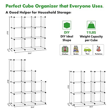 C&AHOME Cube Storage Organizer, 9-Cube Bookcase, Closet Cabinet White | DIY Stackable Bookshelf, Plastic Modular Shelving Units Ideal for Home, Office, Kids Room, 36.6" L x 12.4" W x 48.4" H - color: Transparent White