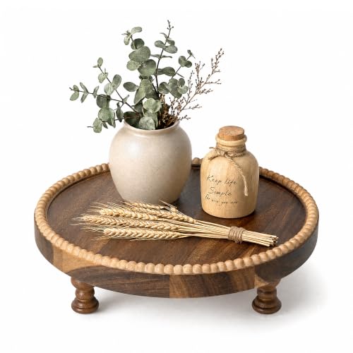 EOSAHR Acacia Wood Round Display Riser with Beaded for Home Decor, Brown | Acacia Wood, Wood Riser for Plants, Candles & Perfume, Solid Wood Legs, Coffee Table Decor, Kitchen Counter Accent - color: AcaciaWood