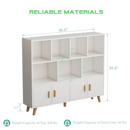 OSCHF Cubby Shelf Bookcase with Doors - Wooden 11 Cube Floor Standing Open Bookshelf with Solid Wood Legs, 3-Tier Storage Cabinet, Warm White - color: Warm White