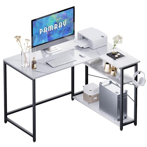 Pamray 43 Inch L Shaped Computer Desk with Reversible Side Storage Shelves, Small Corner Desk for Small Space Home Office,Writing Study Table PC Desk for Bedroom,White Marble - color: Marble, size: 43 Inch