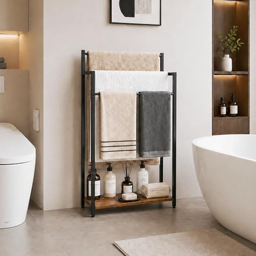 16.9" W Freestanding Towel Rack with Rustic Brown Wood Shelf | 3 Tier Blanket Ladder Stand for Bathroom Living Room, Metal Frame,31.5"H x 16.9"W x7.9"D - color: Rustic Brown, size: 31.5"H x 16.9"W x7.9"D