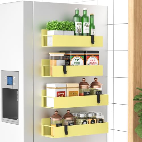 Metal Magnetic Spice Rack for Refrigerator Yellow, 4 Pack | Magnetic Shelves Heavy Duty for Fridge in Kitchen, Seasoning Storage Organizer, For Oven Washer and Dryer, For Heavier Items - color: Yellow, size: 4 Pack