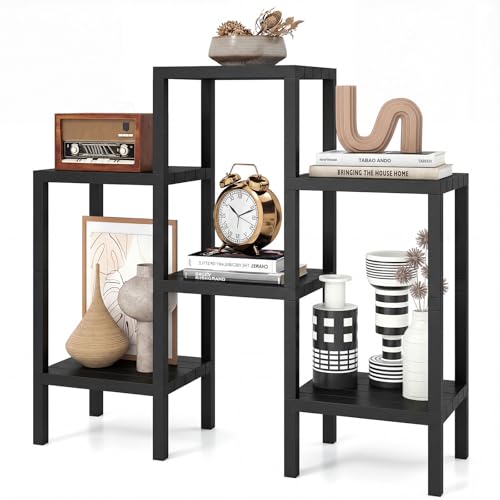 Giantex 6-Tier Plastic Modular Storage Shelves, Open Display Utility Shelving Unit, Multifunctional Plant Holder, Freestanding Storage Rack Organizer for Living Room, Bathroom and Kitchen (Black) - color: Black