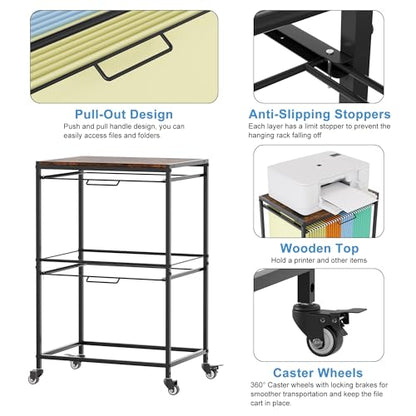 EasyPAG Rolling Hanging File Folder Cart, 2 Tier Metal Pull-Out File Rack for Letter and Legal Size Folders, Portable Filing Cart for Office Home, Black