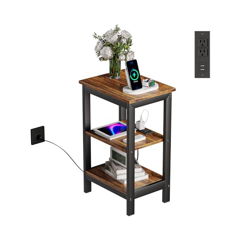 VECELO End Table with Charging Station and USB Ports, Small Wood Nightstand Modern Style, 24" Tall Living Room Side Table with 3-Tier Storage Shelves for Small Spaces, Office, Bedroom, Retro Brown - color: Retro Brown, size: 1 Pack