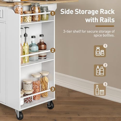 RALGEND Kitchen Island with Power Outlets & Drop Leaf, Rolling Kitchen Cart on Wheels, Kitchen Storage Island with Spice Rack and Drawer, Mobile Island Table for Kitchen, Dinning, White and Natural - color: White + Natural
