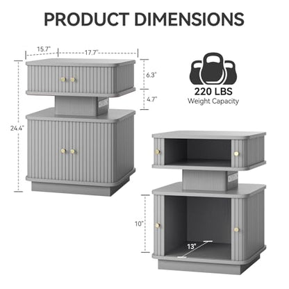 Nightstand with Charging Station, Modern Night Stand with Smart Led Light and 2 Small Sliding Door Cabinets, Curvy Edge, Bedside Table for Bedroom, Grey - color: Grey