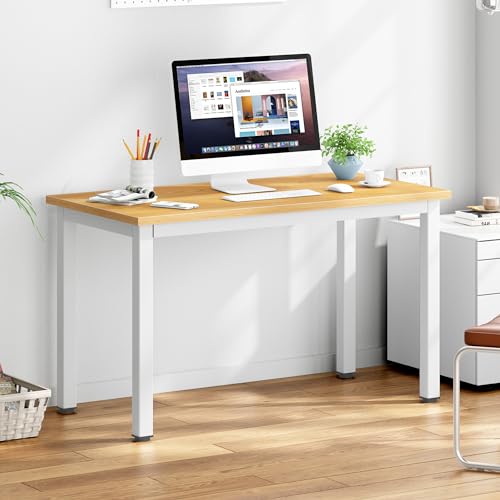 DlandHome 39 inches Small Computer Desk for Home Office, Teak and White | Gaming Study Writing Desk, Modern Simple Computer Table, Sturdy Metal Frame, Adjustable Feet, Compact Modern Design - color: Teak + White, size: 39 inch
