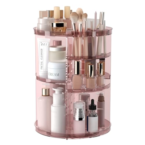 Rotating Makeup Organizer, DIY 8 Adjustable Layers Spinning Skincare Storage, Cosmetic Display Case with Brush Holder and Perfume Tray, Multi-Function Vanity Bathroom Countertop Organizer Clear Pink - color: Clear Pink
