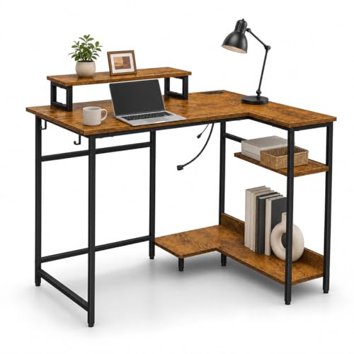 DEVAISE Compact 43" L Shaped Gaming Desk with LED Lights and Power Outlets - Corner Computer Table with Monitor Stand and Storage Shelves for Work and Gaming, Rustic Brown - color: Rustic Brown, size: 43 Inch