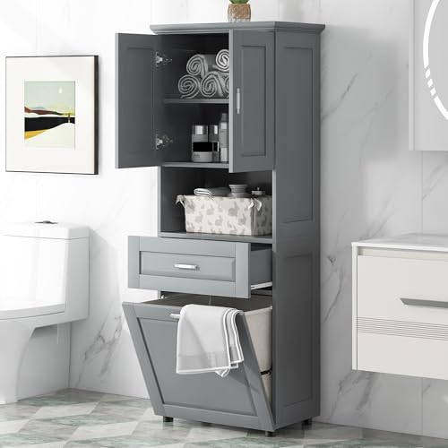 Tall Storage Cabinet, Bathroom Floor Freestanding Storage Cabinet with 2 Doors, One Drawer, and Tilt-Out Laundry Hamper for Bathroom, Office, Living Room, Grey - color: Grey/2 Doors