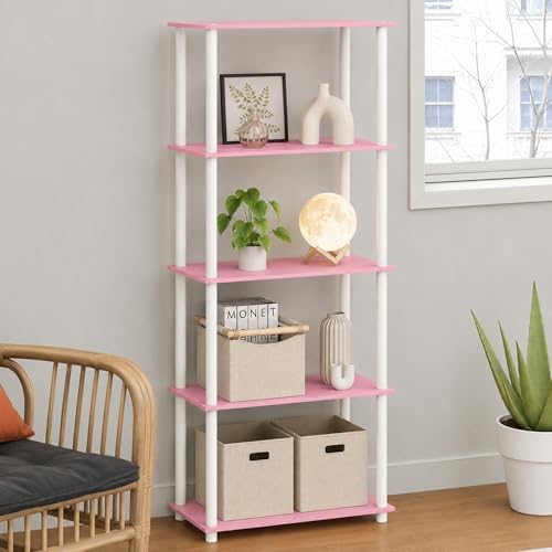 Furinno Turn-N-Tube Toolless Assembly 5-Tier Storage Shelves, Pink Book Shelf, Open Storage Bookshelf, for Organization and Storage, Living Room, Home Office, Bedroom, Soft Pink - color: Soft Pink/White