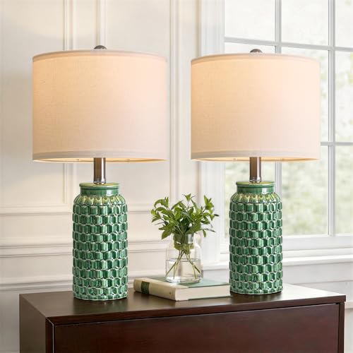 USumkky 20.5" Ceramic Table Lamps Set of 2 - Modern Farmhouse & Boho Style, Bedside Nightstand Lamps for Bedroom, Living Room End Table Lamps, Small Desk Lamp(Green) - color: 20.5" Green-2 Pack