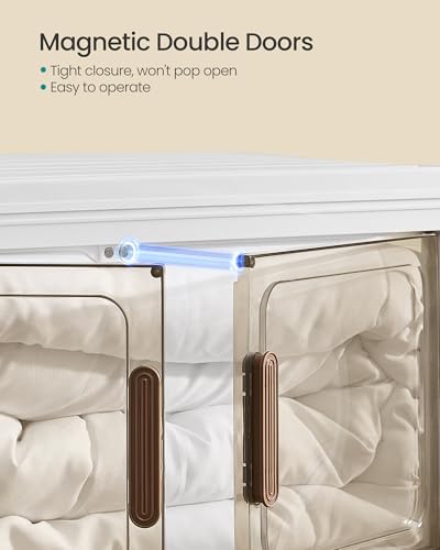 SONGMICS 58QT Plastic Storage Bins with 1 Lid, 4-Tier Stackable Bins with Doors and Wheels, Foldable Storage Boxes, for Closets, Bedroom, Living Room, Office, White URLB460WZ01 - size: 4 x 58QT