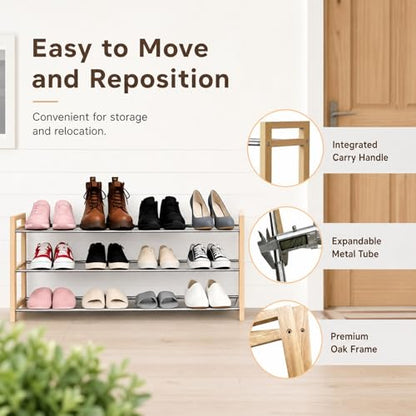 Shoe Rack Wooden, Oak Expandable Shoe Organizer, 3-Tier Stainless Steel Shoe Shelf, 17.7“-31.4” Shoe Storage 6-12 Pairs, for Closet, Garage, Narrow Spaces, Entryway, Door Entrance