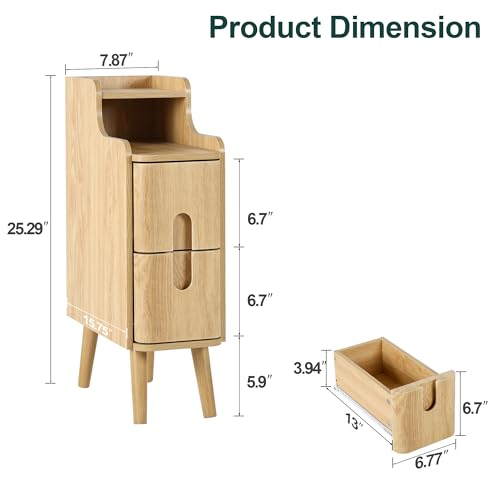 Small Nightstand Set of 2, Wood 2 Drawer Narrow Nightstand, Slim Side Table, Modern Skinny End Bedside Table, Natural Wood Night Stand with Drawers for Bedroom (Natural-2 pcs) - color: Natural-2 Pcs